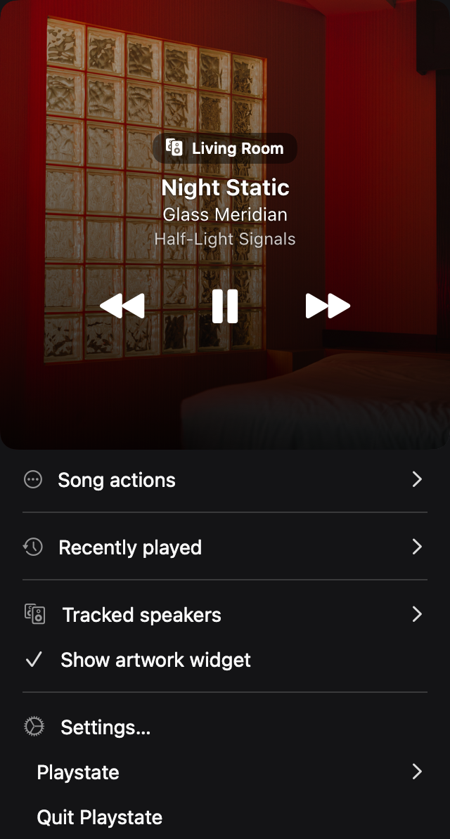 Playstate’s menu showing a large album cover with playback controls, speaker volume, and recent songs